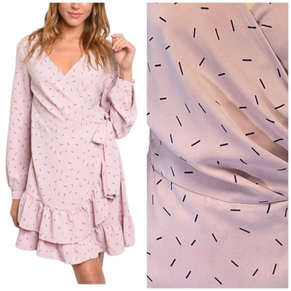 Women's Pink Sprinkle Faux Wrap Long Sleeve Ruffle Dress Size L